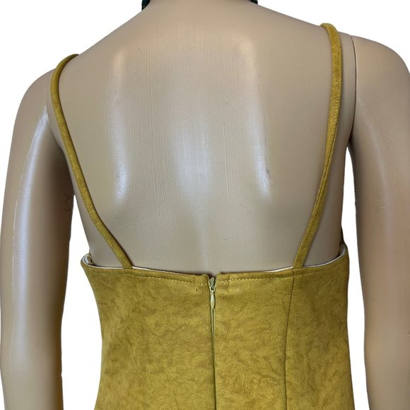 QA Shift Mini Dress Small S Yellow Sleeveless Pockets Velvet Stretch Slit Front - Picture 5 of 12